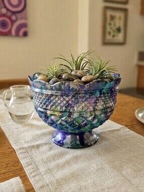 HANDCRAFTED Upcycled Glass Bowl HANDPAINTED Decorative Etched Glass Bowl W Stem